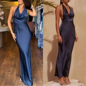 NWT Runaway the Label Maxi Dress Navy Blue Satin Cowl Halter Slip Posey size S